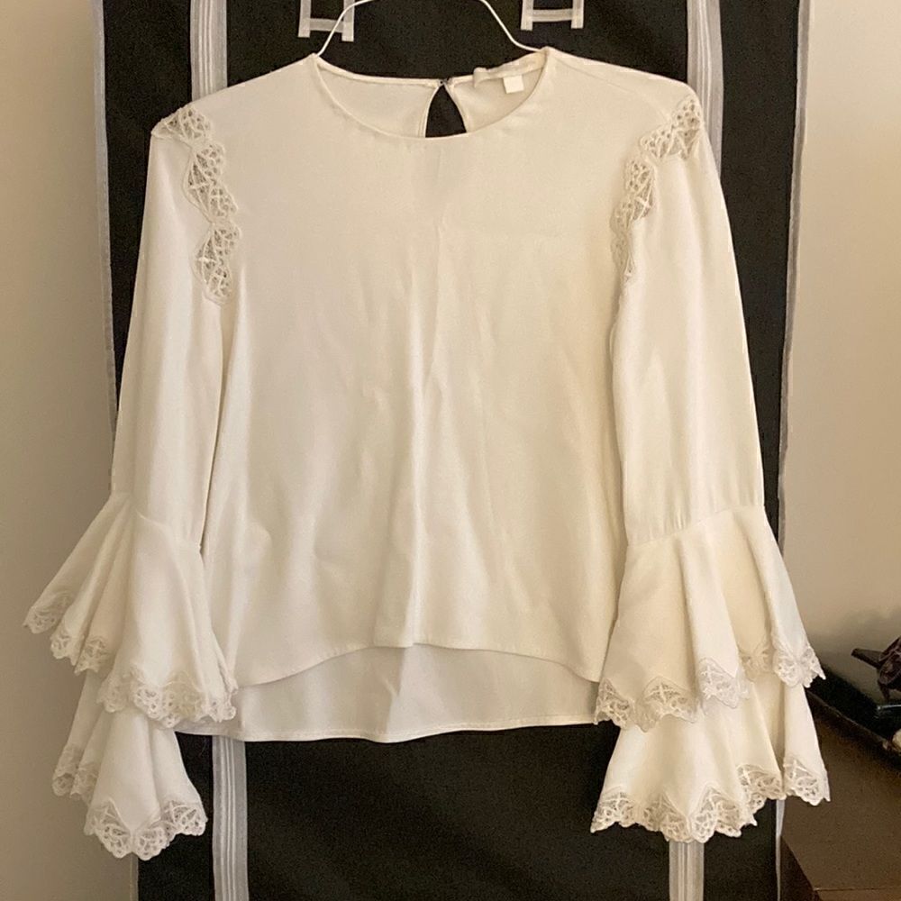 Jonathan Simkhai Blouse with Long Bell Sleeve, Ruffle and Lace detail. Size XS